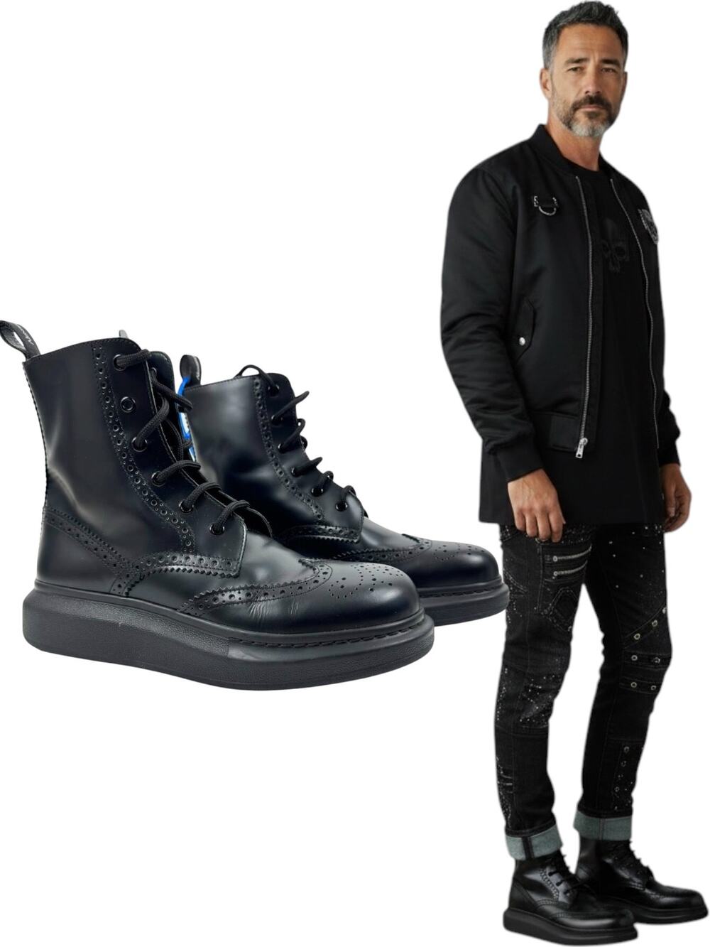 Alexander Mcqueen Hybrid Lace Up Borgue Wingtip Leather Boots Black Size 40E